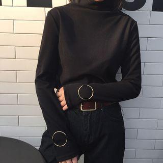 Long-sleeve Hoop Detail Mock Collar Top