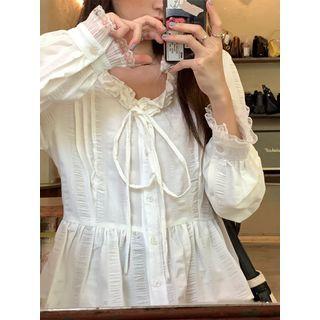 Long-sleeve Lace Trim Bow Blouse Almond - One Size