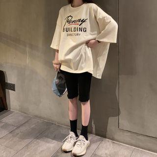 Elbow-sleeve Lettering T-shirt Beige - One Size