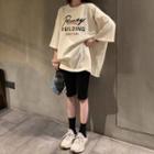 Elbow-sleeve Lettering T-shirt Beige - One Size