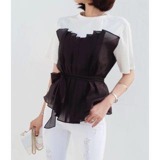 Round-neck Pintuck-trim T-shirt With Sash