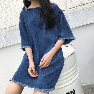 Fringed Loose-fit Denim A-line Dress