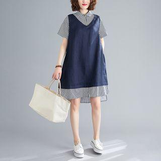 Mock Two-piece Striped Panel Short-sleeve Shirtdress