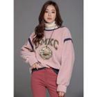 Printed Contrast-trim Fleece Pullover Pink - One Size
