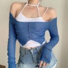 Set: Strappy Camisole Top + Long-sleeve Off-shoulder Cropped T-shirt