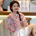 Puff-sleeve Ruffle Trim Floral Blouse / Pleated Mini A-line Skirt