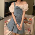 Off-shoulder Cropped Blouse / Denim Pleated Overall Dress