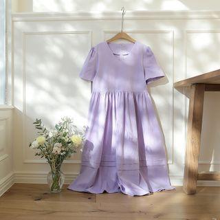V-neck Shirred Long Linen Dress
