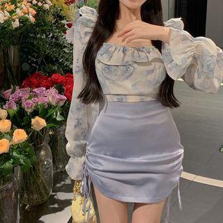 Bell-sleeve Floral Print Blouse / Drawstring Mini Pencil Skirt