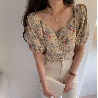Floral V-neck Puff-sleeve Blouse