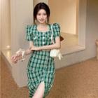 Square-neck Plaid Button-up Top / High-waist Plaid Split Maxi Dress