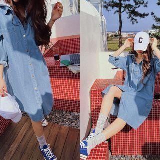Contrast-hood Denim Midi Shirtdress Blue - One Size