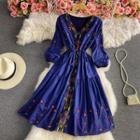 V Neck Embroidered Puff Elbow Sleeve Dress