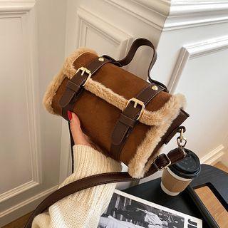 Top Handle Fluffy Trim Flap Crossbody Bag