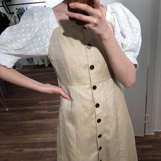 Elbow-sleeve Lace Paneled Buttoned A-line Midi Dress