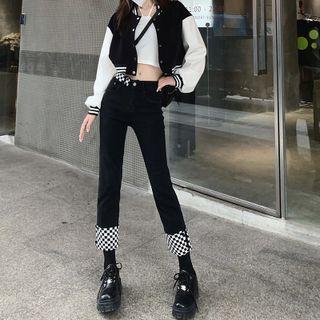 Checkered Panel Straight Leg Jeans / Two-tone Cropped Bomber Jacket