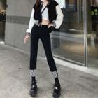 Checkered Panel Straight Leg Jeans / Two-tone Cropped Bomber Jacket