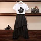 Set: Short-sleeve Embroidered Swan T-shirt + Asymmetric A-line Midi Skirt