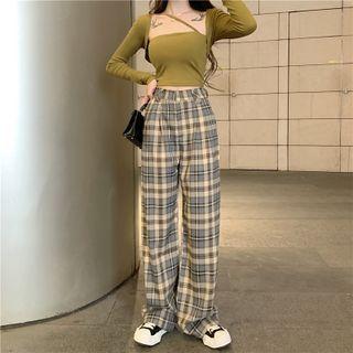 Asymmetrical Long-sleeve T-shirt / Plaid Wide Leg Pants