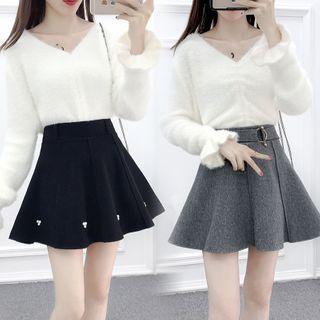 Set: V-neck Plain Ruffled Knit Top + A-line Skirt