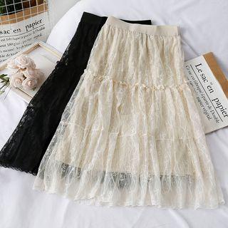 Ruffled-trim Embroidered Lace A-line Skirt