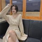 V-neck Mini A-line Sweater Dress Light Almond - One Size