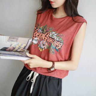 Sequined-lettering Linen Blend Tank Top