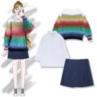 Striped Sweater / Pocket Detail Shirt / High Waist A-line Skirt