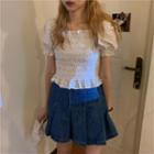 Puff-sleeve Floral Print Shirred Crop Top / Denim A-line Mini Skirt