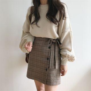Lantern-sleeve Sweater / Plaid Mini A-line Skirt / Set