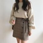 Lantern-sleeve Sweater / Plaid Mini A-line Skirt / Set