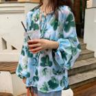 Floral Print Lantern Sleeve Top Green - One Size