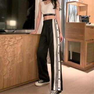 Striped Button-accent Wide Leg Sweatpants Black - One Size