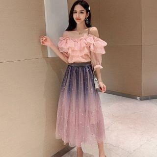 Ruffled Cold-shoulder 3/4-sleeve Top / Gradient Midi A-line Mesh Skirt