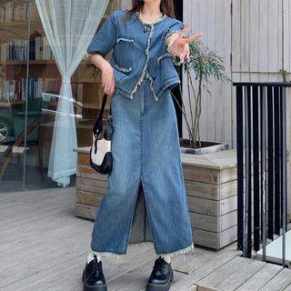 Short-sleeve Fringed Trim Denim Shirt / Maxi Pencil Skirt
