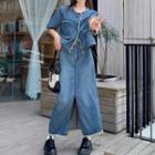 Short-sleeve Fringed Trim Denim Shirt / Maxi Pencil Skirt