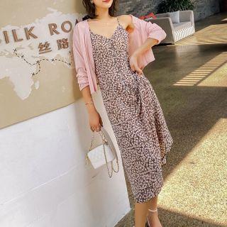 Floral Spaghetti Strap Midi A-line Dress / Plain Cardigan