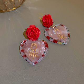 Flower Heart Resin Dangle Earring 1 Pair - Dangle Earring - Silver Pin - Flower Love Heart - Pink - One Size