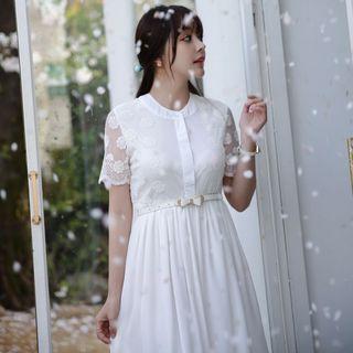 Mesh Panel Short-sleeve Chiffon Dress