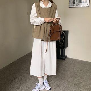 Set : Long-sleeve Long Dress + Lace-up Vest Shirt