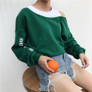 Mock Two Piece Cut Out Shoulder Lettering Pullover