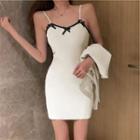 Bow Accent Cardigan / Spaghetti Strap Mini Sheath Dress