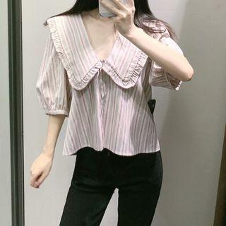 Puff-sleeve Ruffle Trim Collar Striped Cropped Blouse