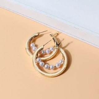 Faux Pearl Hoop Earring F15150 - 1 Pair - Gold & White - One Size