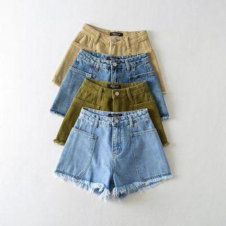 Distressed Trim Pocket Wide Leg Denim Shorts