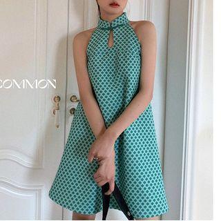 Halter-neck Argyle Print A-line Dress