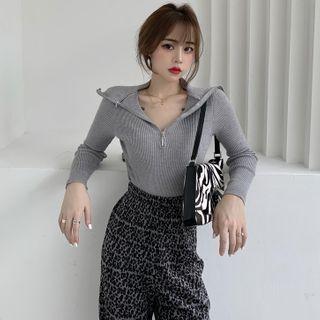 Long-sleeve Knit Top / Leopard Print Wide-leg Pants
