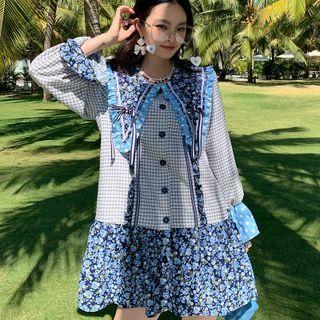 Long-sleeve Flower Print Plaid Shirtdress