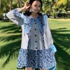 Long-sleeve Flower Print Plaid Shirtdress