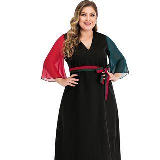Plus Size 3/4-sleeve Color Block Panel Midi A-line Dress